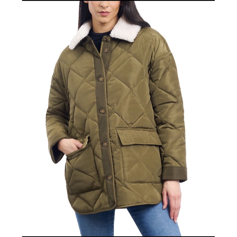 Lucky Brand‎ Quilted Faux Fur Collar Jacket Womens M Lined Olive Green NWT $180